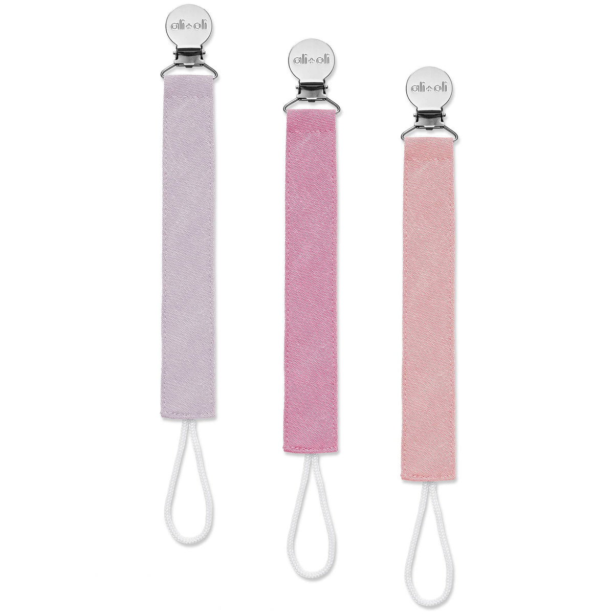 Set of 3 linen pacifier clips: lavender, pink, and peach with metal clasps and ties