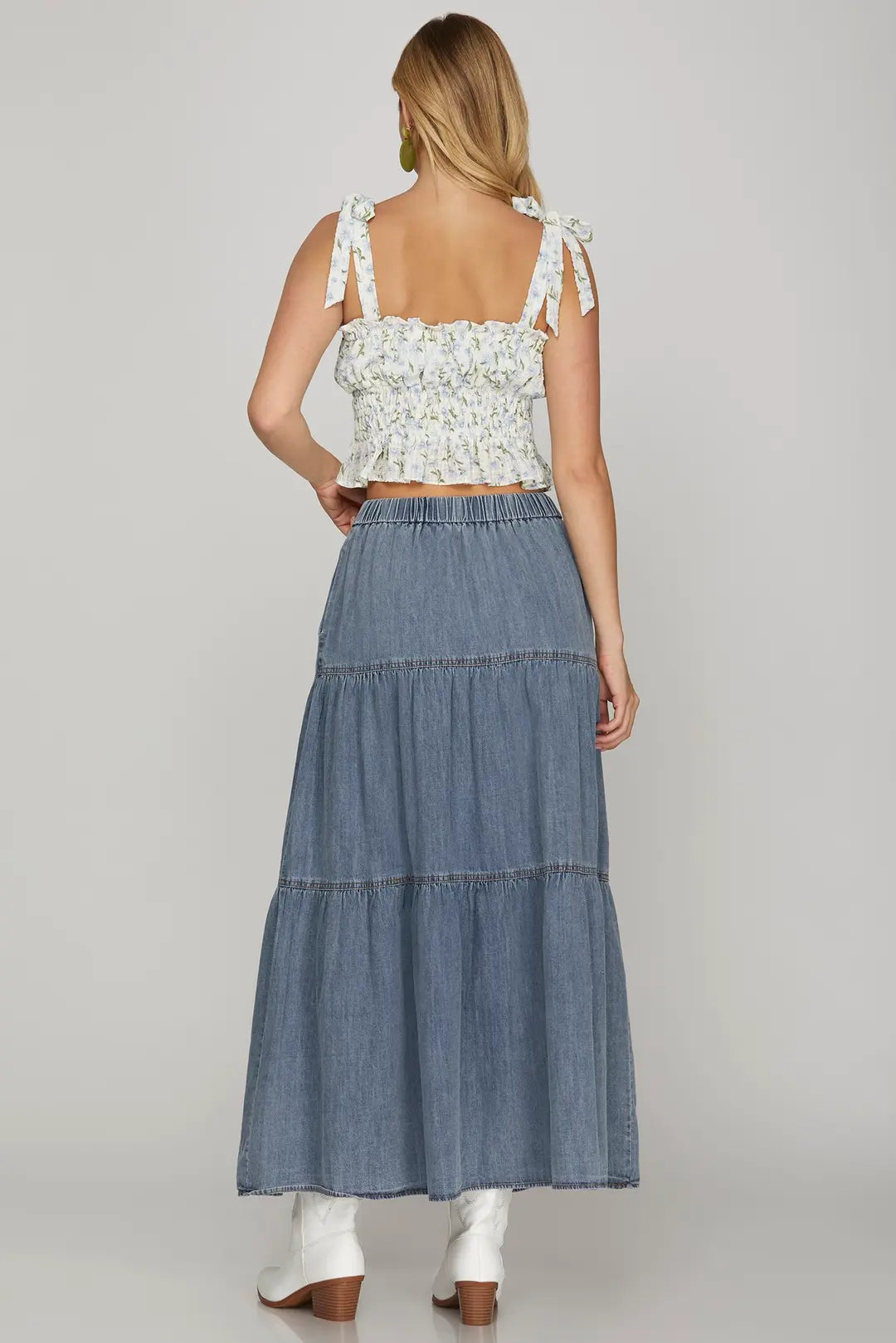Washed Denim Tiered Long Skirt with Pockets