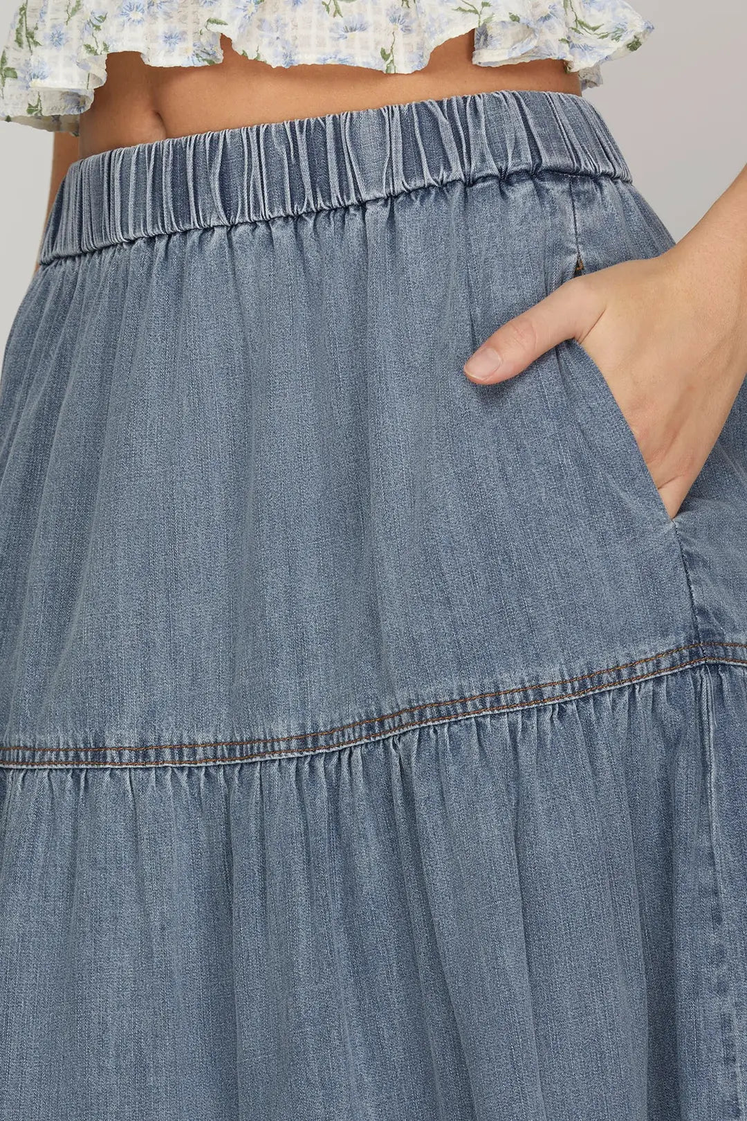 Washed Denim Tiered Long Skirt with Pockets