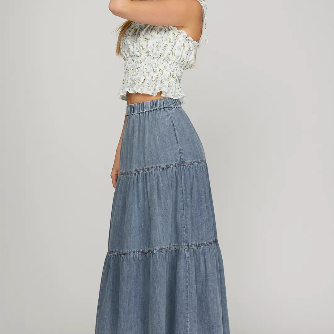 Washed Denim Tiered Long Skirt with Pockets