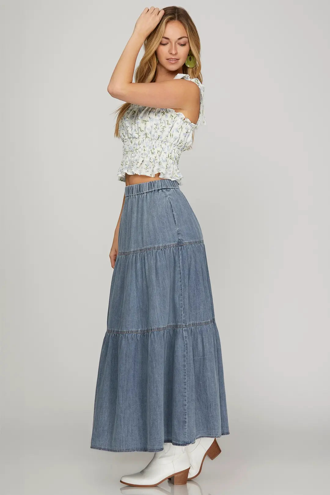 Washed Denim Tiered Long Skirt with Pockets