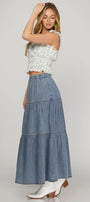 Washed Denim Tiered Long Skirt with Pockets