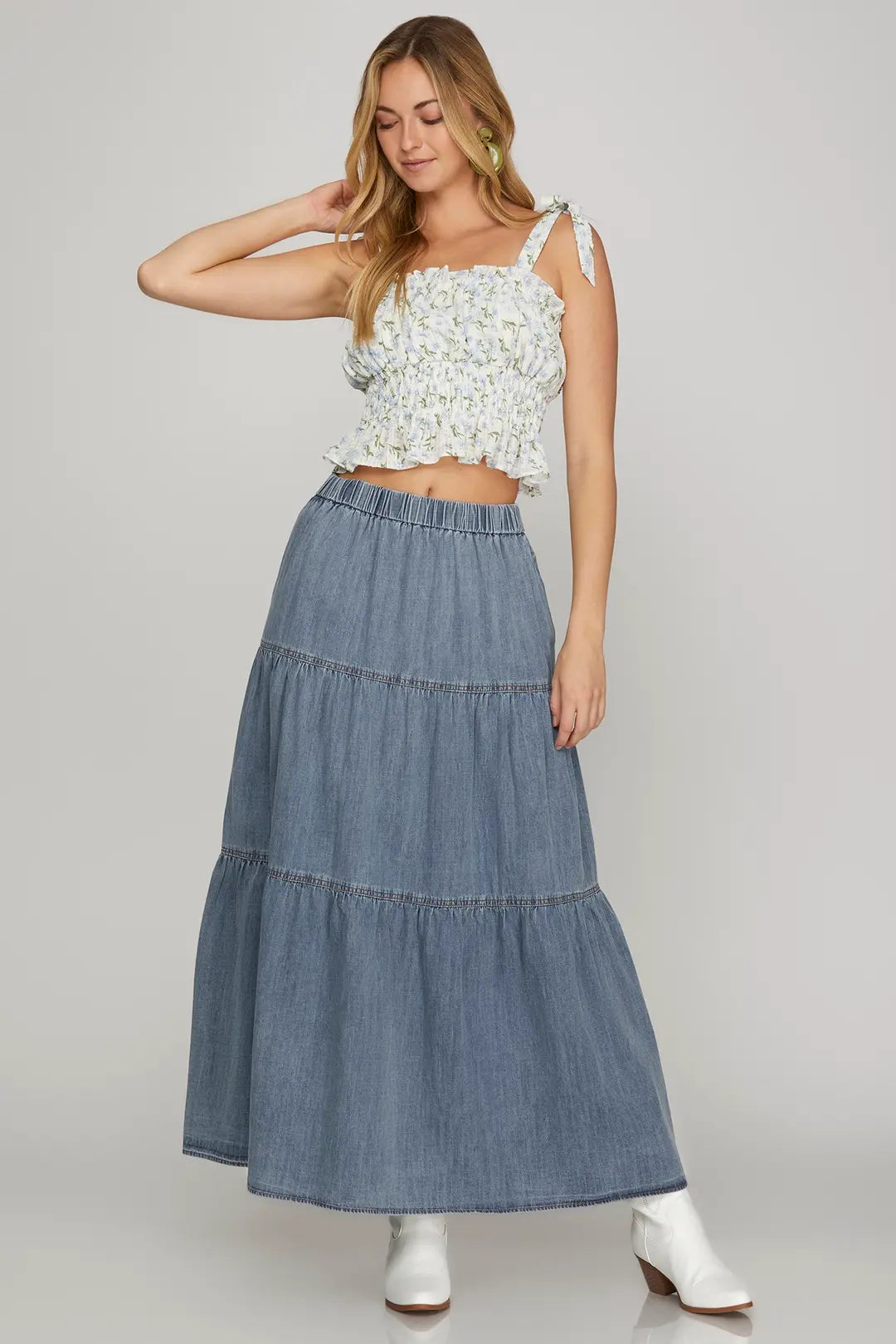 Washed Denim Tiered Long Skirt with Pockets