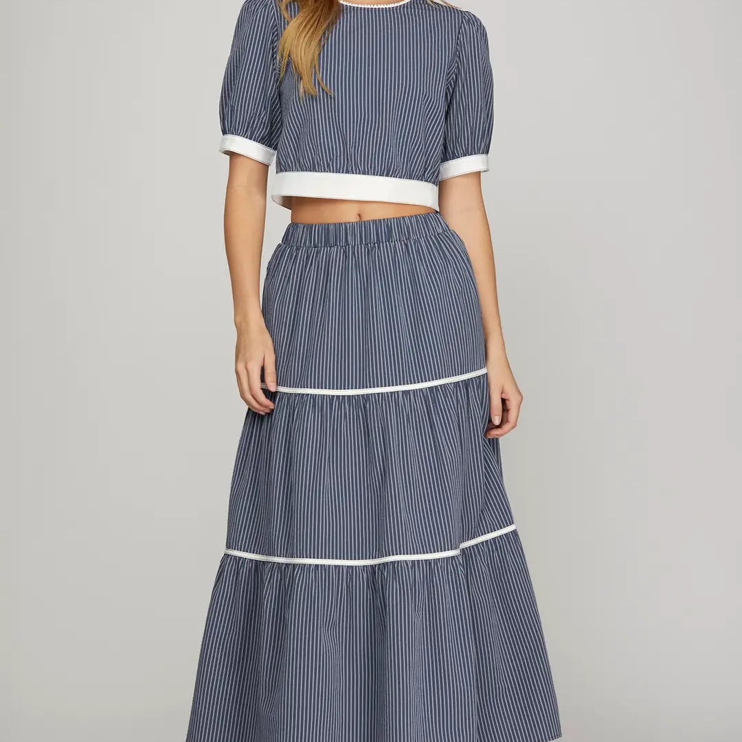 2 pc. Woven Striped Tiered Long Skirt with Matching Top