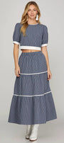 2 pc. Woven Striped Tiered Long Skirt with Matching Top