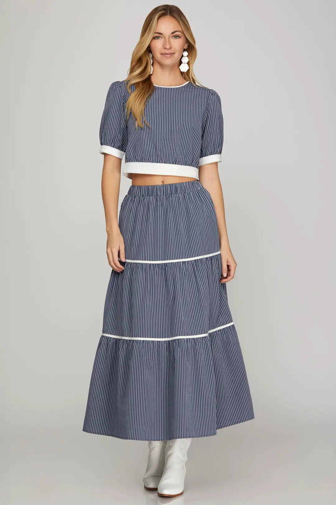 2 pc. Woven Striped Tiered Long Skirt with Matching Top