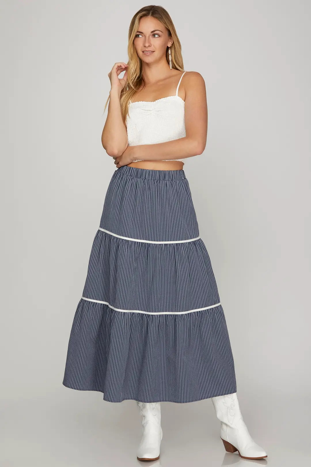 2 pc. Woven Striped Tiered Long Skirt with Matching Top