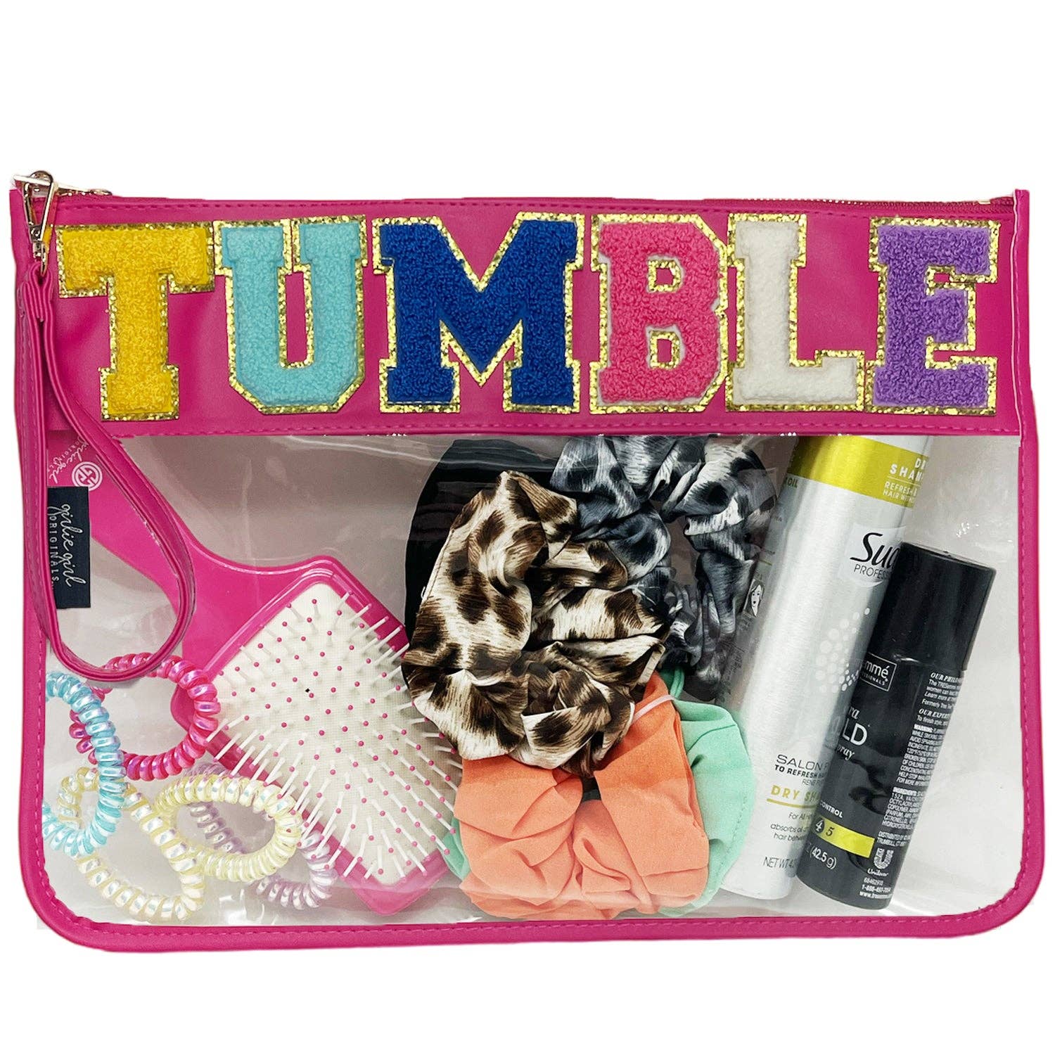Pink zippered candy bag with clear front and bold 'TUMBLE' patch, filled with hair accessories