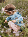Child in a blue dress sitting in a field of flowers