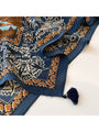 Navy retro floral square scarf with tassel fringe and patterned paisley border detail