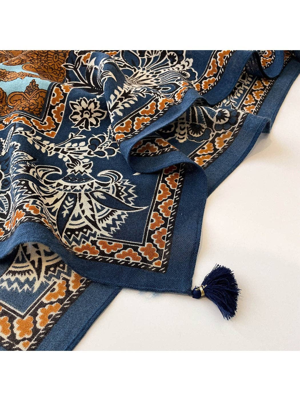 Navy retro floral square scarf with tassel fringe and patterned paisley border detail