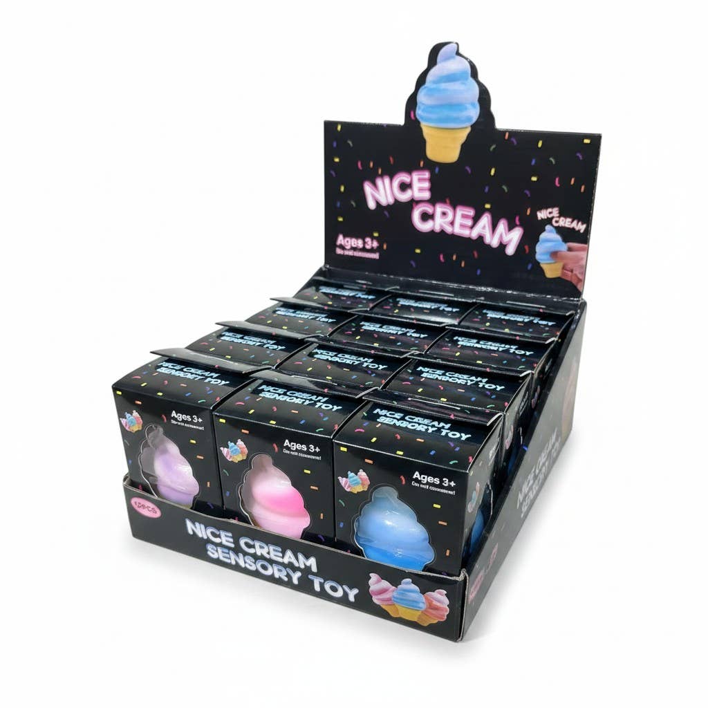 Display of 'Nice Cream' sensory toys in black packaging with ice cream graphics.