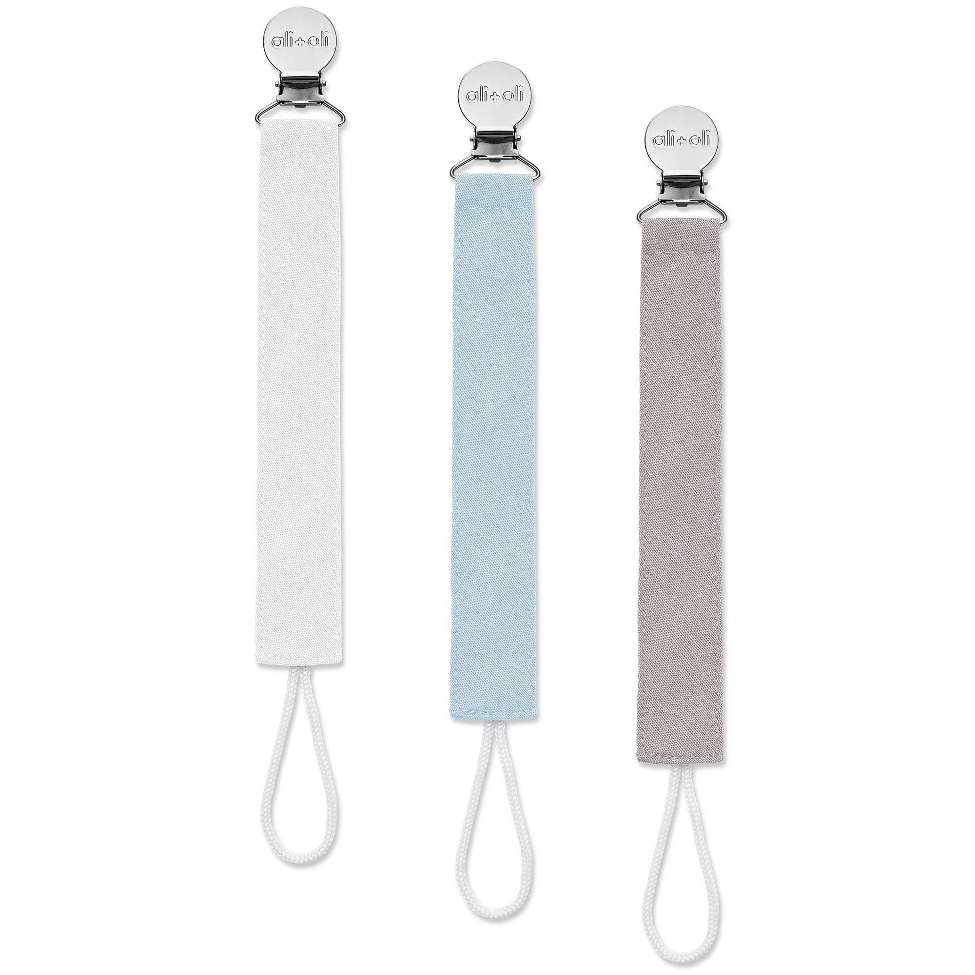 Set of 3 linen pacifier clips: white, light blue, and gray with metal clasps and ties
