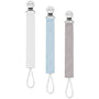 Set of 3 linen pacifier clips: white, light blue, and gray with metal clasps and ties
