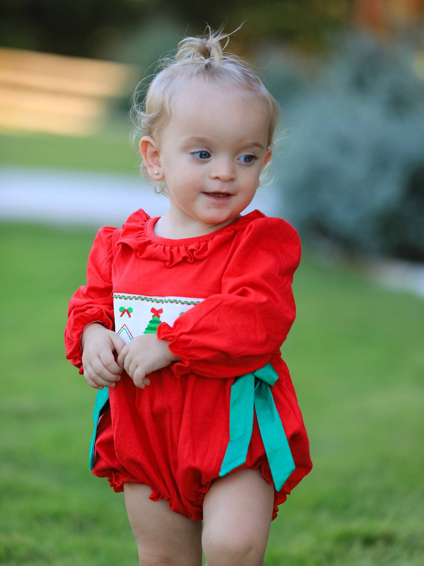 Rylee Faith Designs - Christmas Smocked Girls Romper with Green Bow and Tree Embroidery