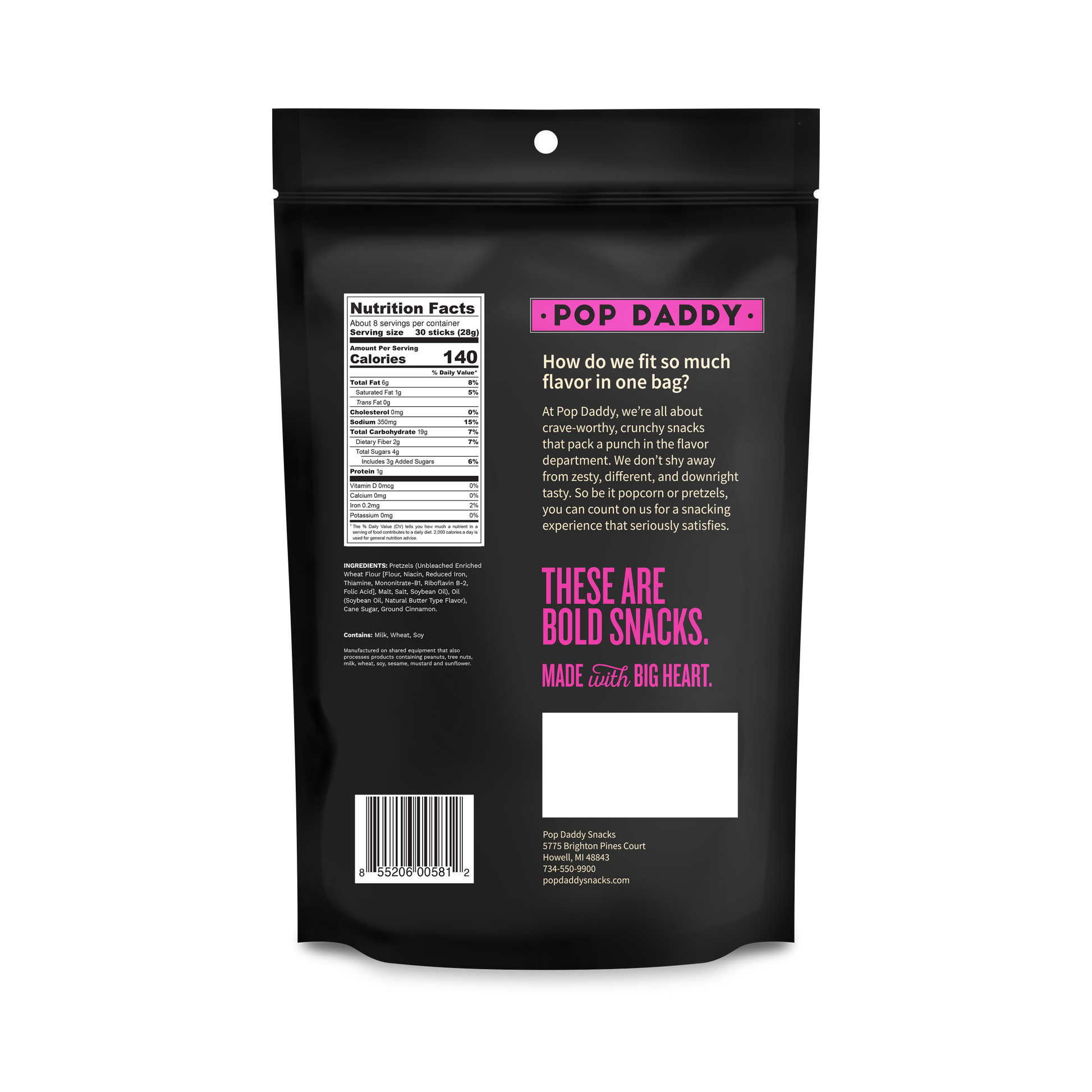 Black snack bag with pink and white text on a white background 