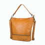 Brown leather handbag with a shoulder strap on a white background