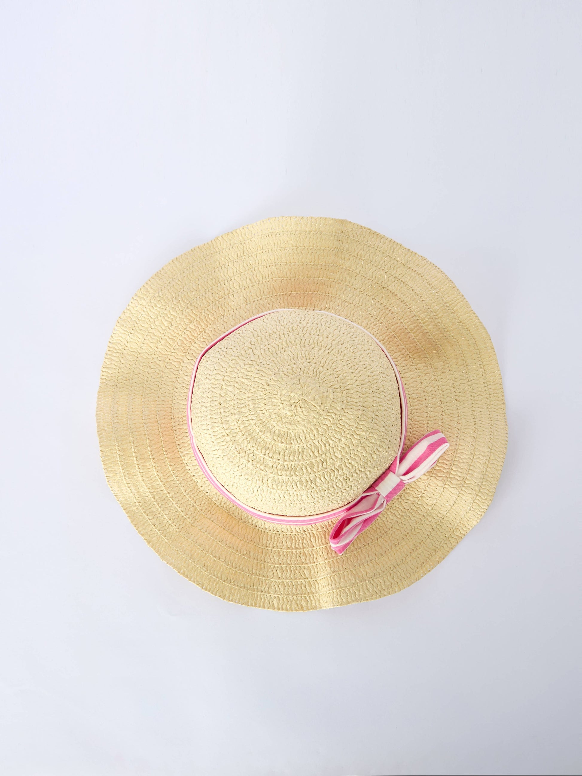 Beige straw hat with a pink band on a light gray background