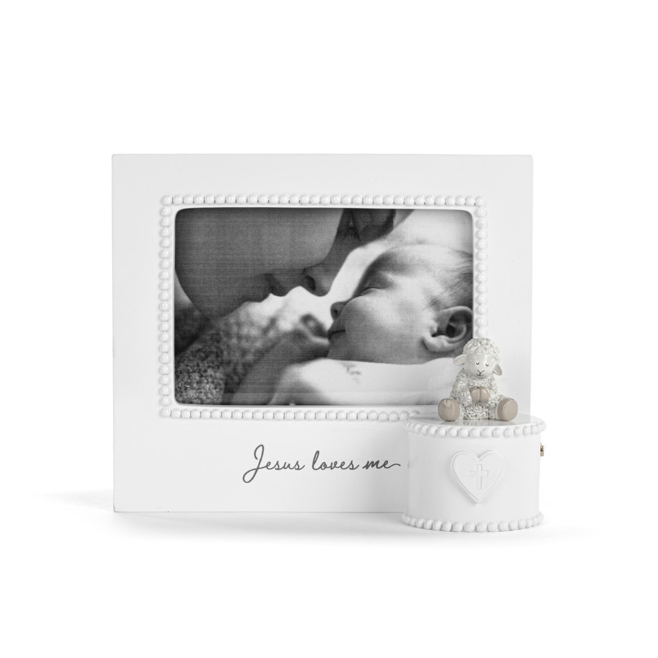 White photo frame with 'Jesus loves me' text containing a black and white photo of a baby.
