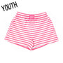 Neon pink and white striped youth shorts with elastic waistband and Lulu Mac tag