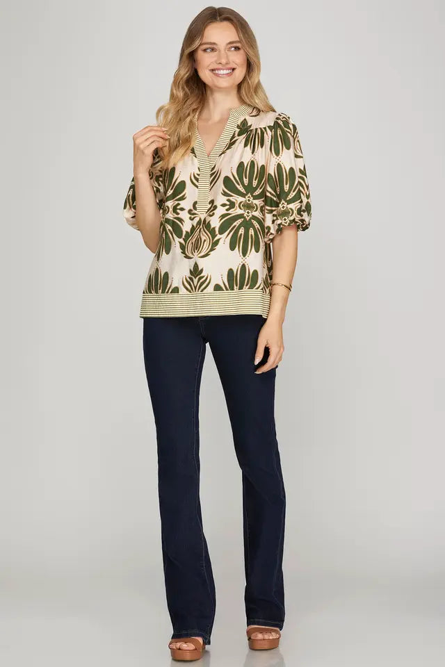 Bubble Sleeve Printed Woven Top