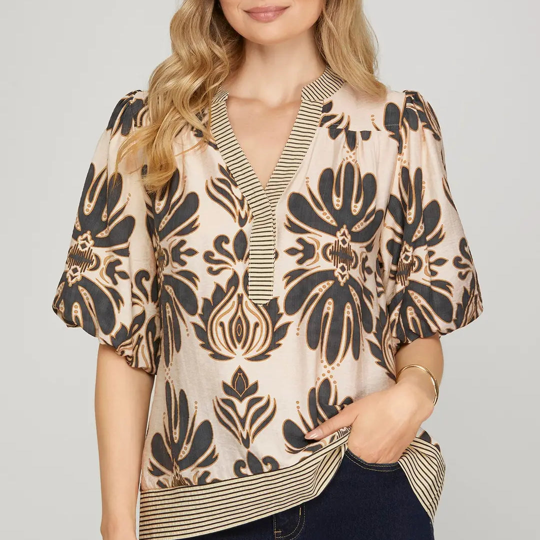 Bubble Sleeve Printed Woven Top