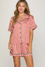STRIPED WOVEN PRINT SHORT SLEEVE TOP AND SHORTS PAJAMA SET WITH CONTRAST PIPING DETAIL - has red and white stripes with green trim