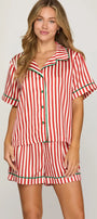 STRIPED WOVEN PRINT SHORT SLEEVE TOP AND SHORTS PAJAMA SET WITH CONTRAST PIPING DETAIL - has red and white stripes with green trim