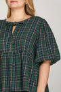 Green plaid dress with a close-up of the neckline on a plain background