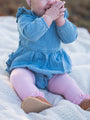Baby in a blue dress and pink tights sitting on a blanket.