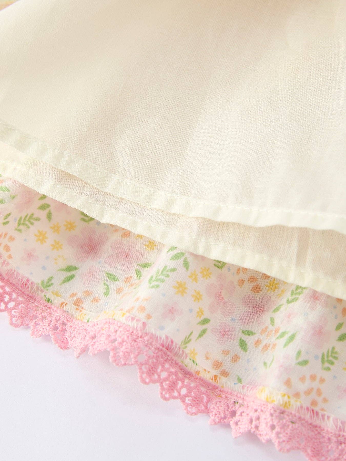 Close-up of a floral fabric with pink lace trim on a white background
