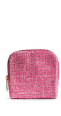 Pink textured pouch with a gold zipper on a white background