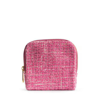 Pink textured pouch with a gold zipper on a white background
