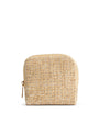 Woven beige pouch with a gold zipper on a white background