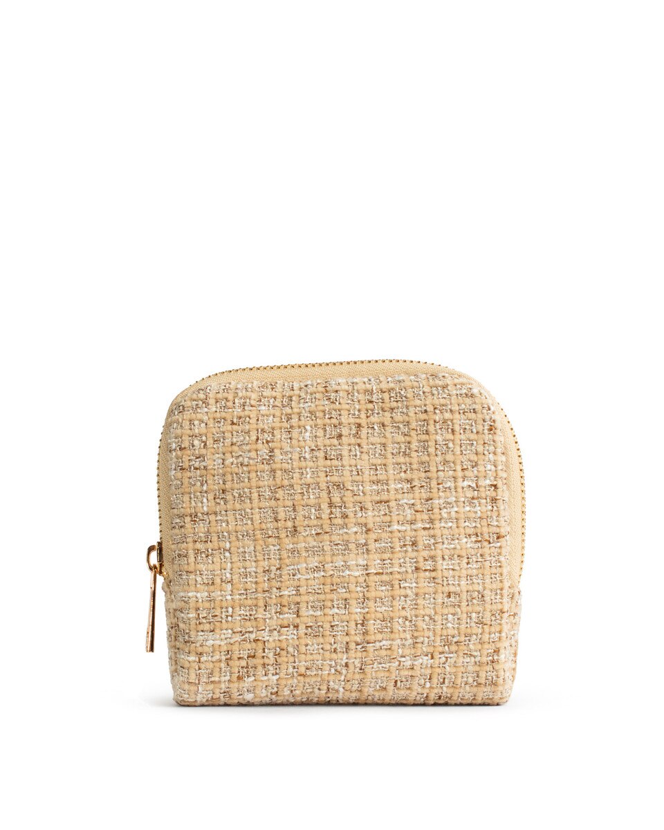 Woven beige pouch with a gold zipper on a white background
