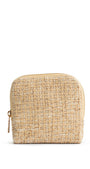 Woven beige pouch with a gold zipper on a white background