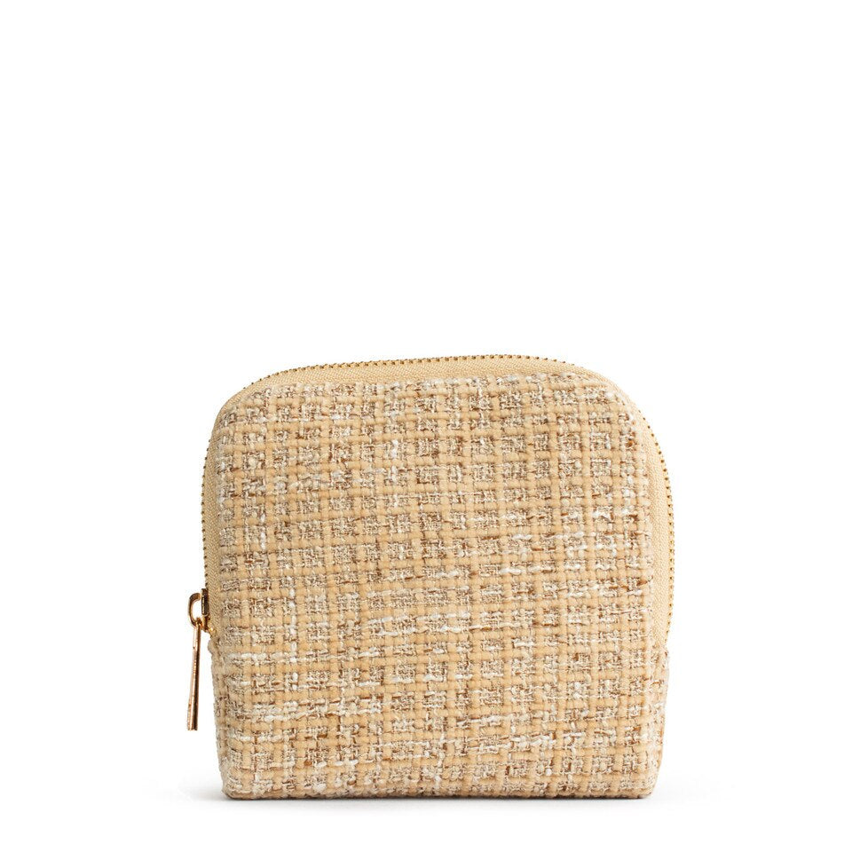 Woven beige pouch with a gold zipper on a white background