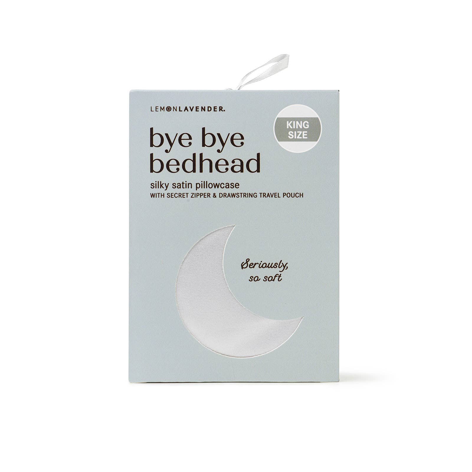 Silky satin pillowcase packaging with 'bye bye bedhead' branding on a white background