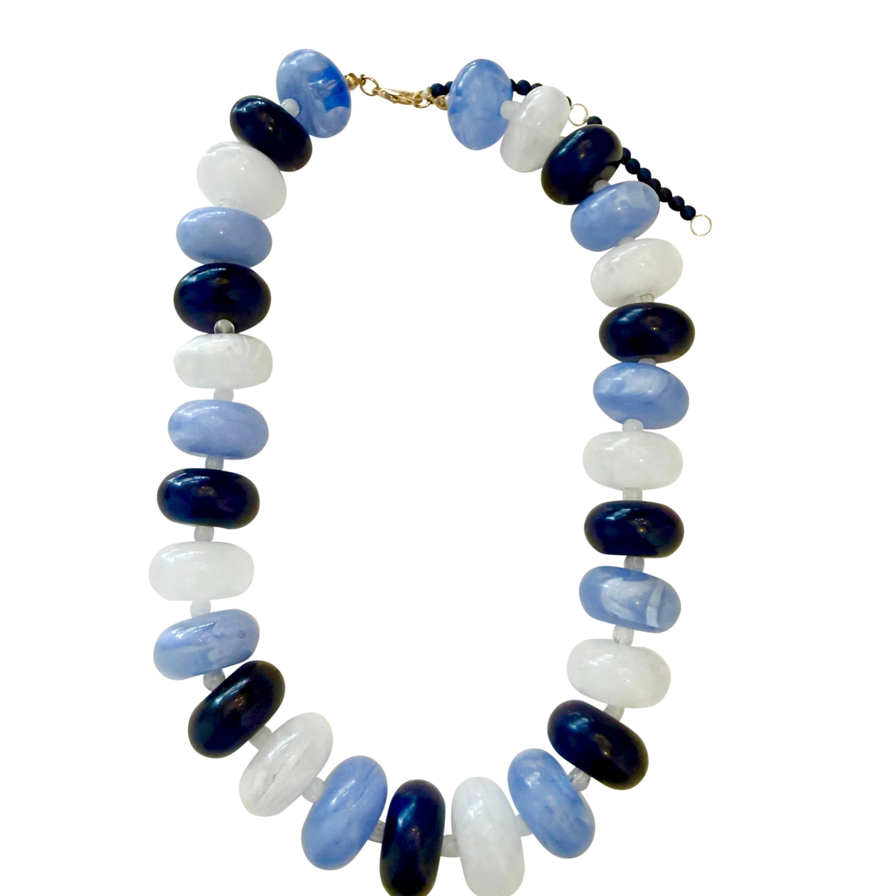 Chunky beaded necklace with blue and navy oval beads and gold-tone chain links