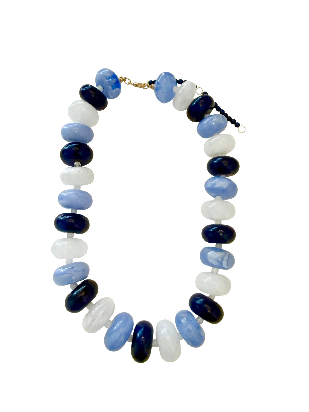 Chunky beaded necklace with blue and navy oval beads and gold-tone chain links