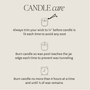 Candle care instructions with illustrations on a beige background