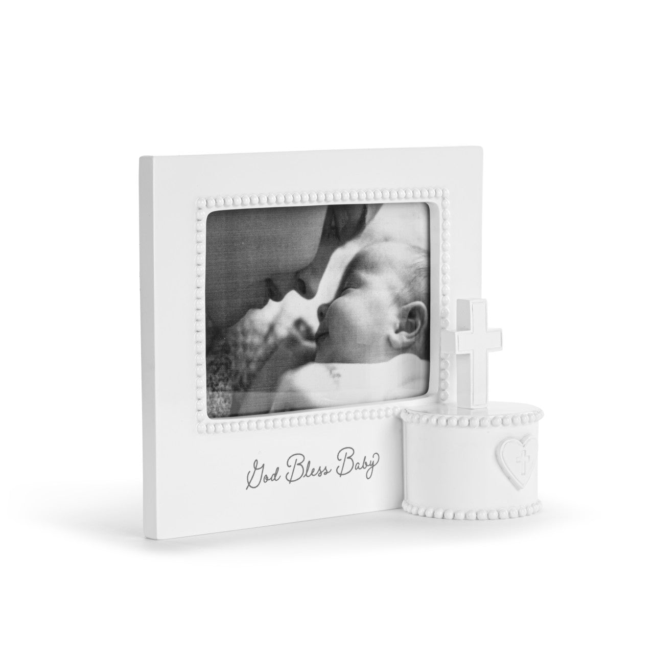 White photo frame with a baby picture and decorative elements on a white background