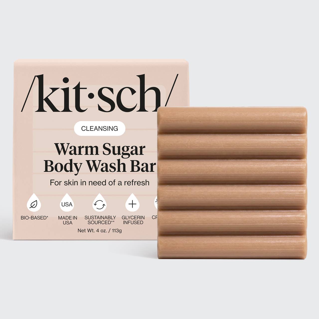 Kitsch Warm Sugar Body Wash Bar packaging and bar on a light gray background