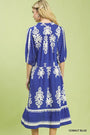 A woman shown from the back wearing a cobalt blue dress with white floral and ornamental patterns, photographed against a solid light green background.