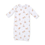 A long-sleeve baby sleep sack with an all-over print of playful foxes in shades of brown on a white background.