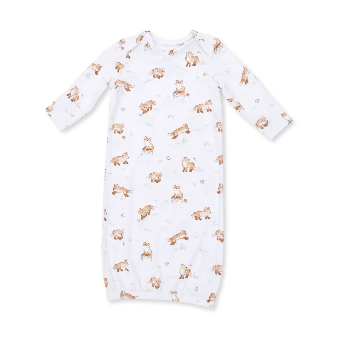 A long-sleeve baby sleep sack with an all-over print of playful foxes in shades of brown on a white background.