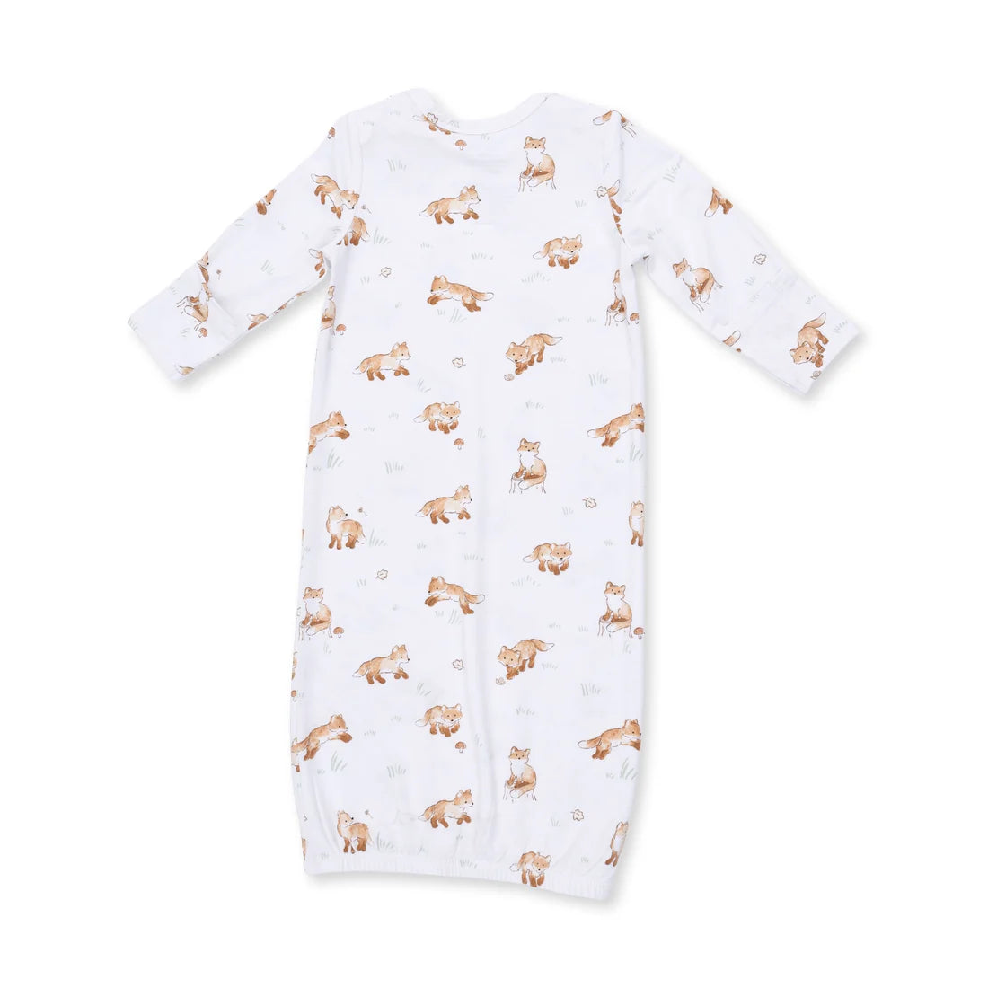 A long-sleeve baby sleep sack in white fabric, featuring an all-over print of small brown and beige foxes.