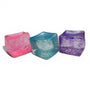 Three colorful glittery cubes on a white background