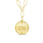 Gold necklace with a round pendant featuring the number 828 on a white background