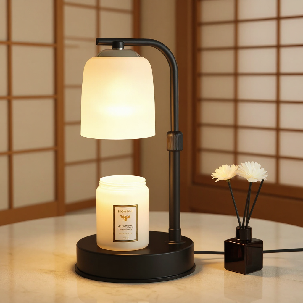 Table lamp with a candle and decorative flowers on a wooden surface.